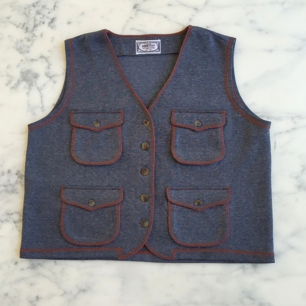 Cotton Blended V-Neck Button Down Vest with pockets and color trim.